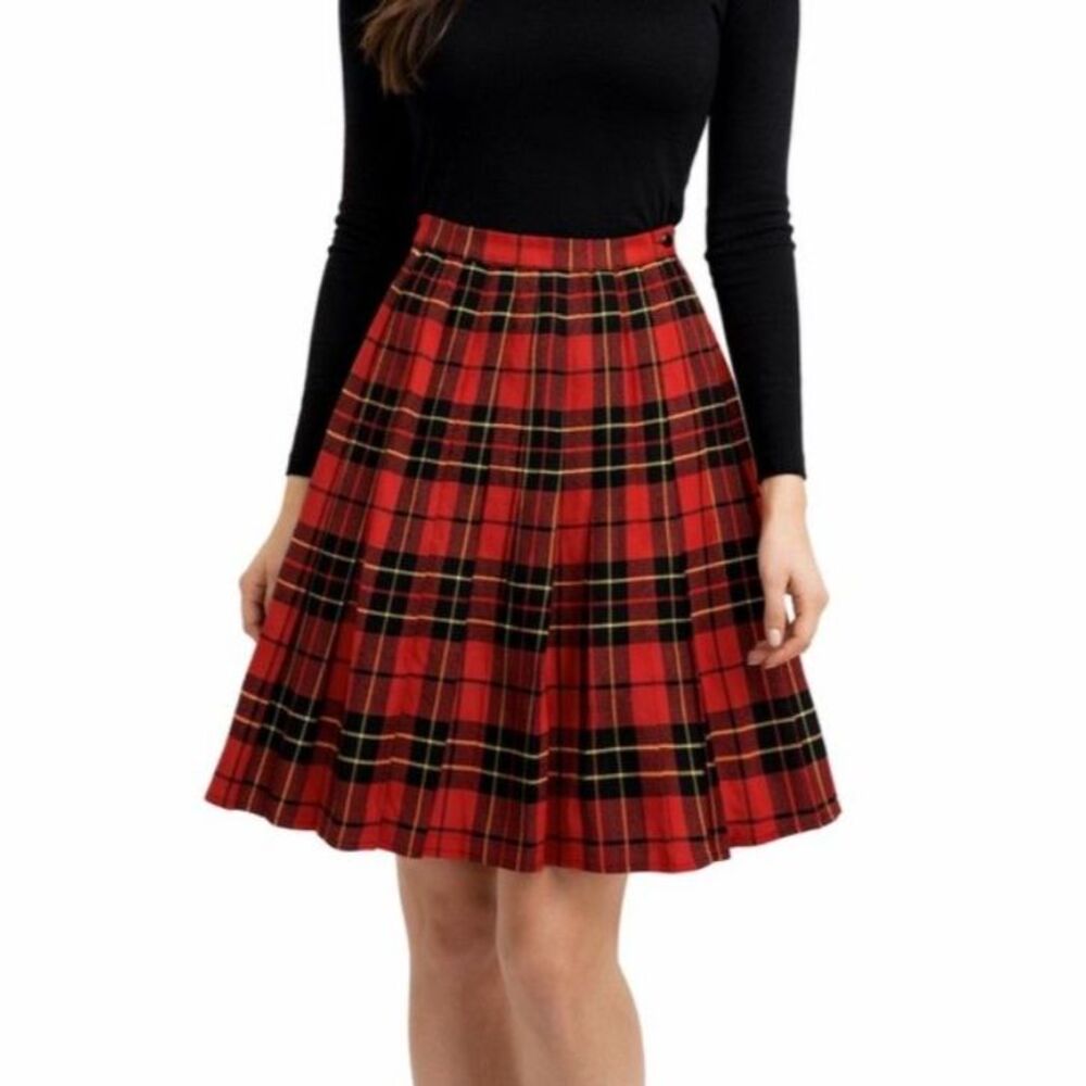 Vintage 80s KGR Women's Red Tartan Plaid Wool Pleated Knee Length Skirt Size 8P